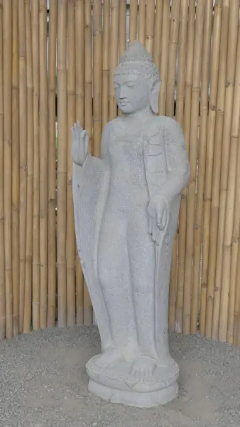 Product image 3 of the product “Standing Buddha with floral carving, Abudaya position. 48 x 34,5 x 151,5 cm. Natural stone (river stone), stonemasonry ”